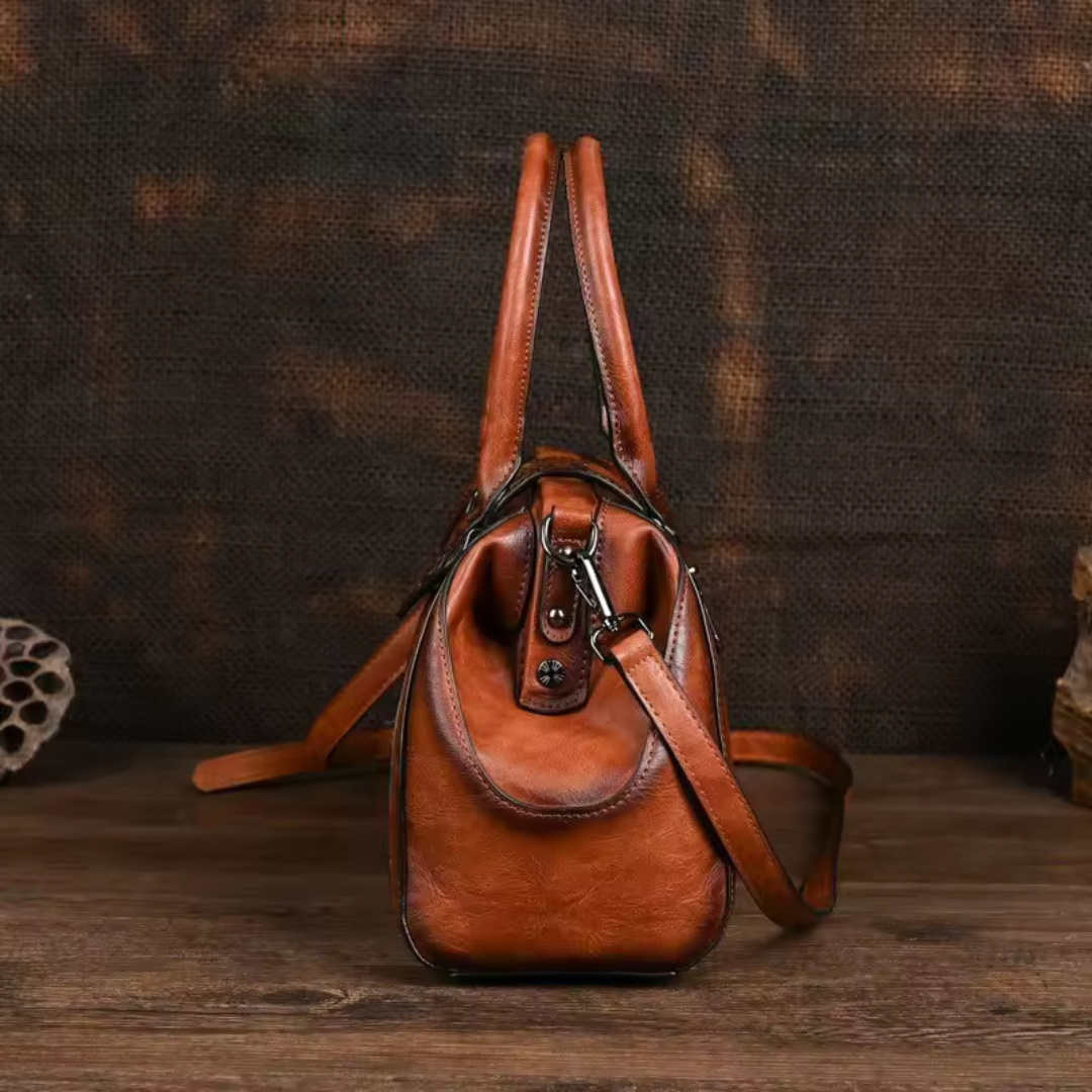 Florina - Leather Handbag with Engraving and Floral Pattern