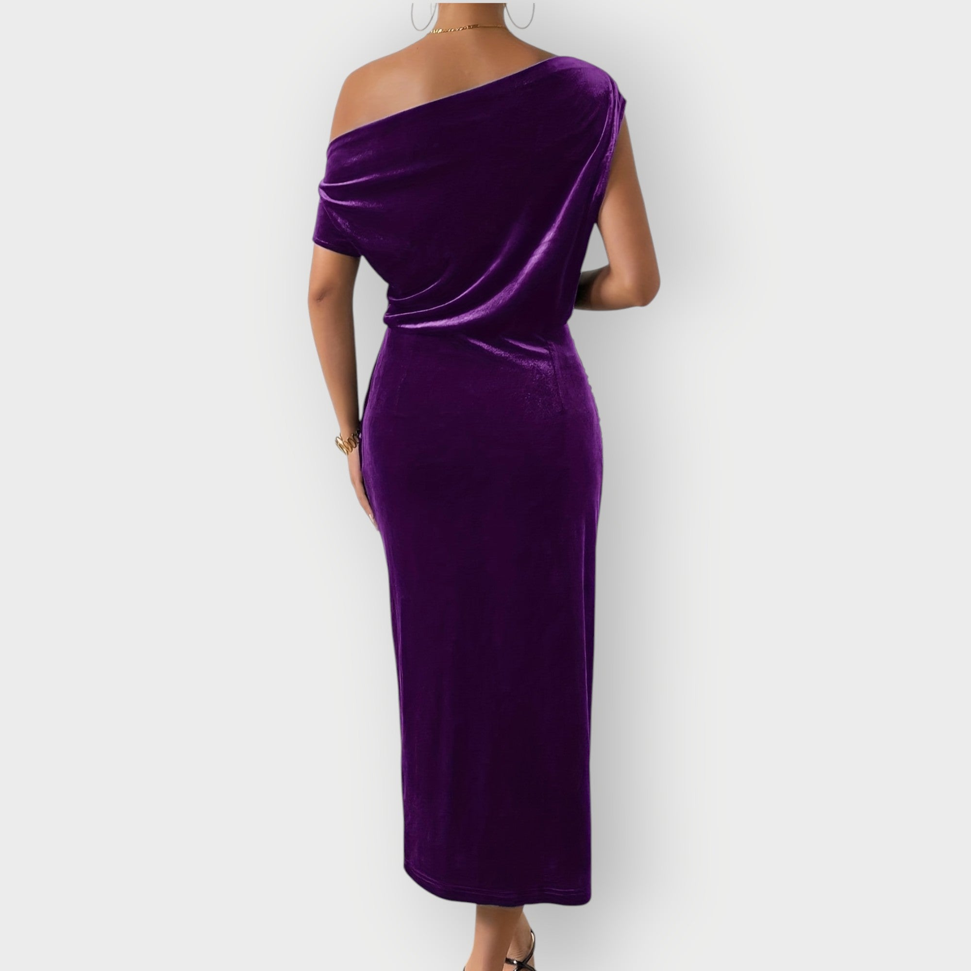 Greece – Off-Shoulder Draped Velvet Midi Dress