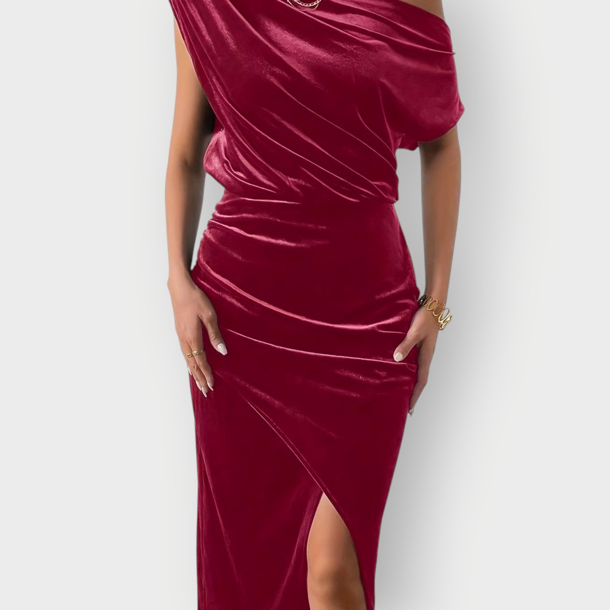 Greece – Off-Shoulder Draped Velvet Midi Dress