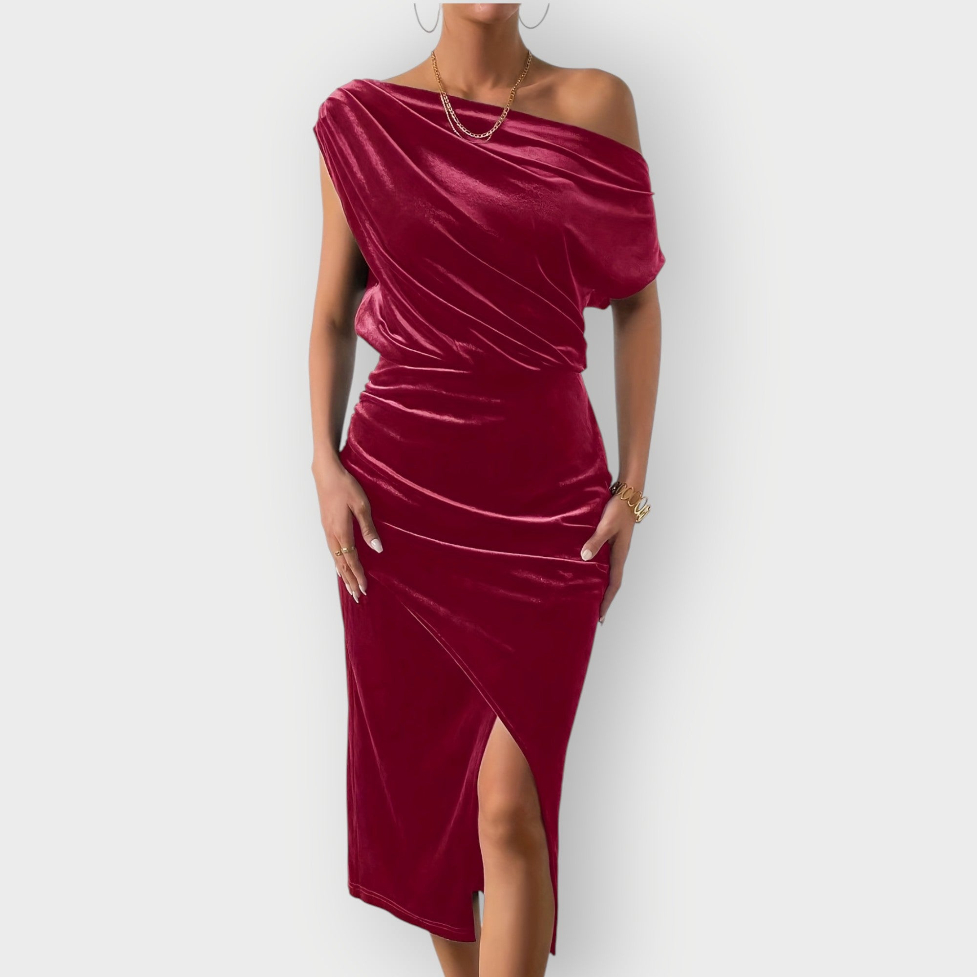 Greece – Off-Shoulder Draped Velvet Midi Dress