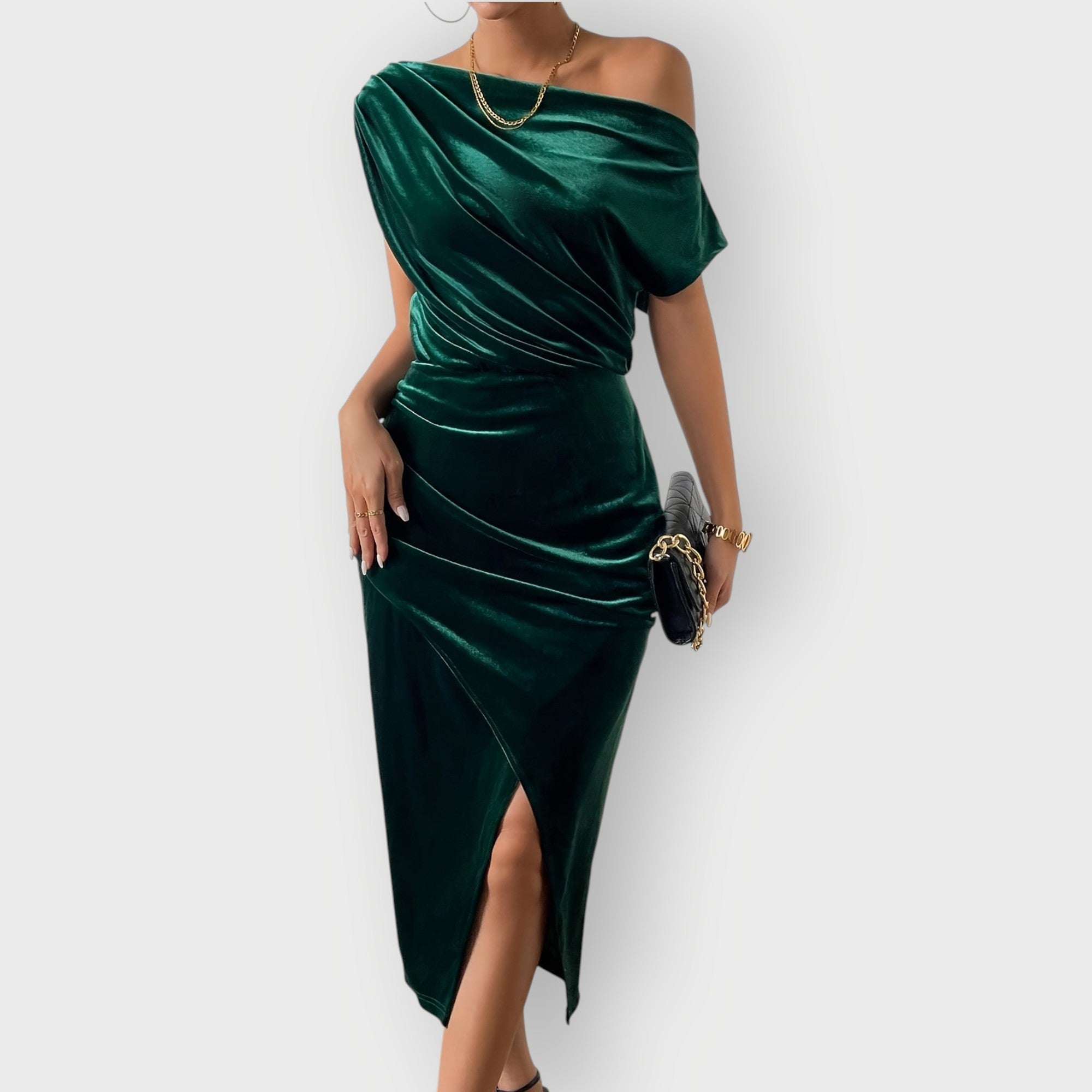 Greece – Off-Shoulder Draped Velvet Midi Dress