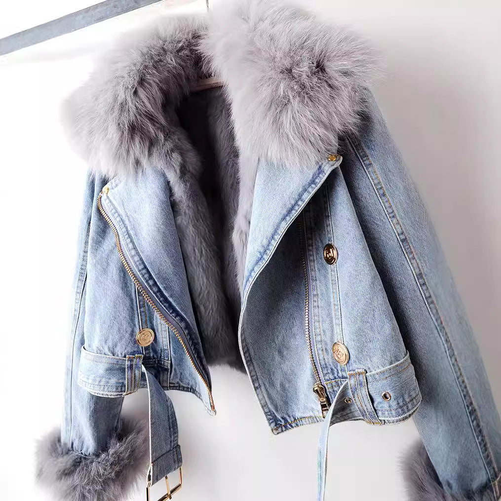 Denim Coat with Fox Fur Collar