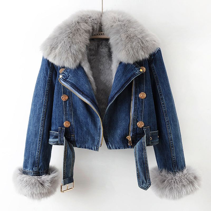 Denim Coat with Fox Fur Collar