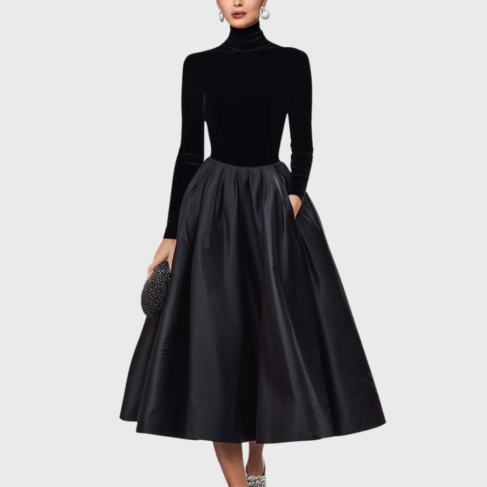 Aradia | Elegant Black Velvet and Satin Midi Dress
