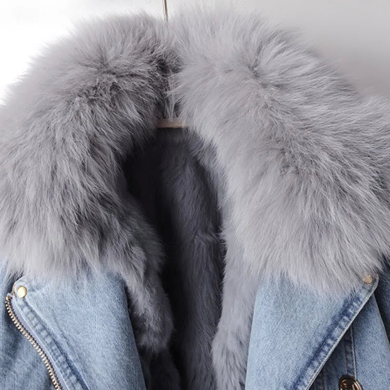 Denim Coat with Fox Fur Collar