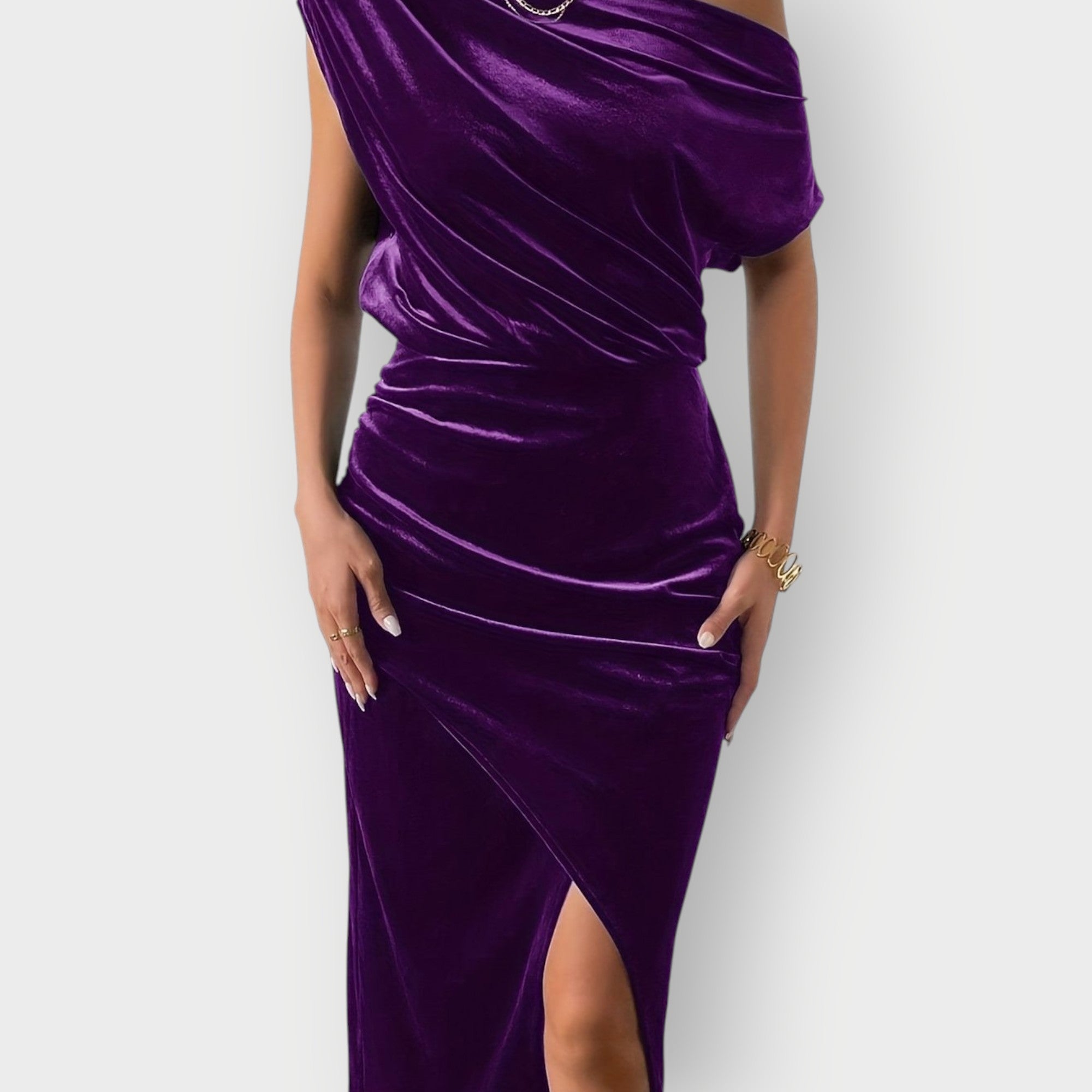 Greece – Off-Shoulder Draped Velvet Midi Dress