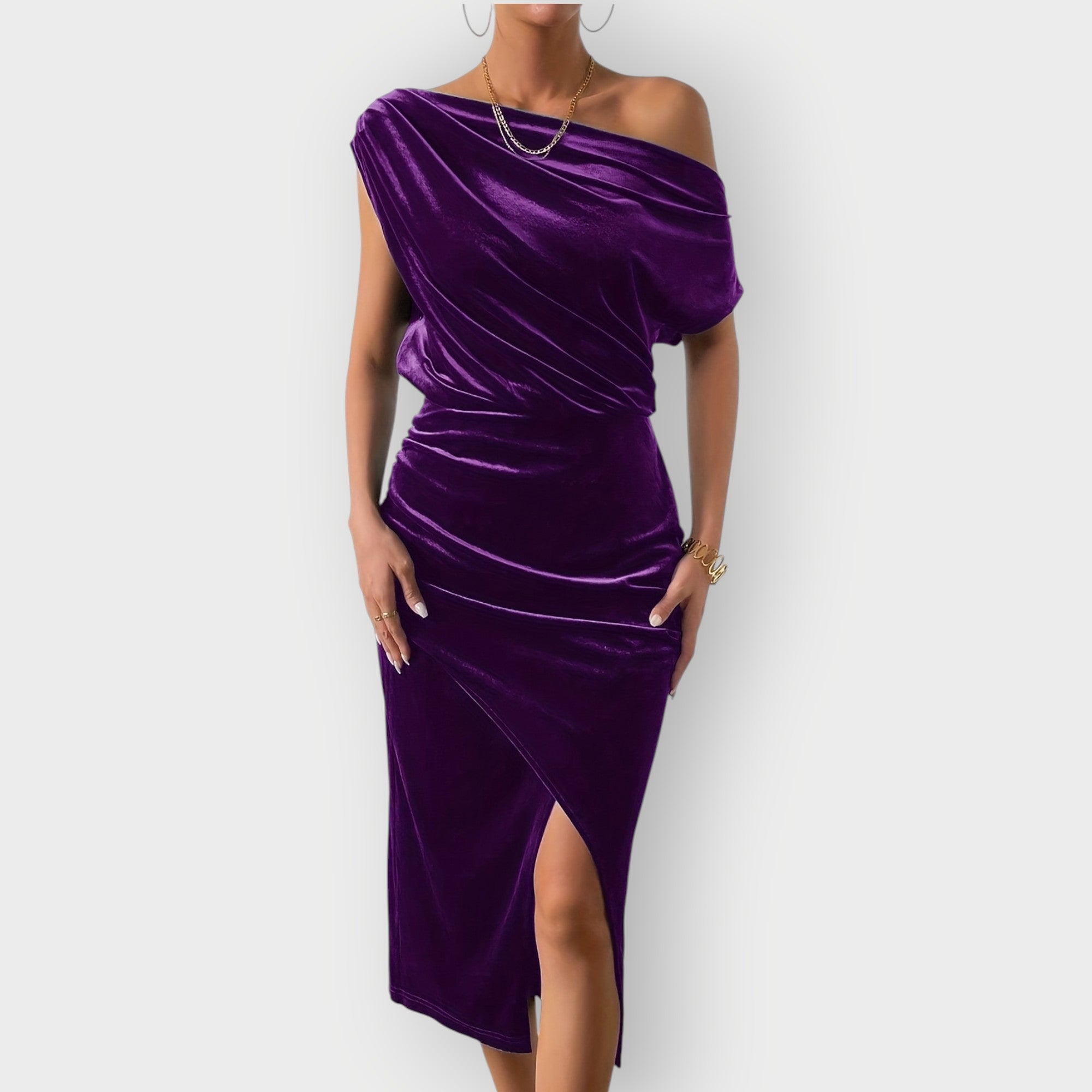 Greece – Off-Shoulder Draped Velvet Midi Dress