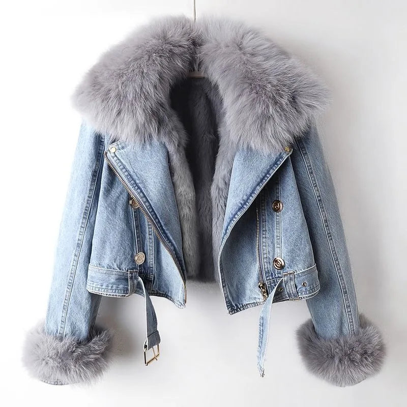Denim Coat with Fox Fur Collar