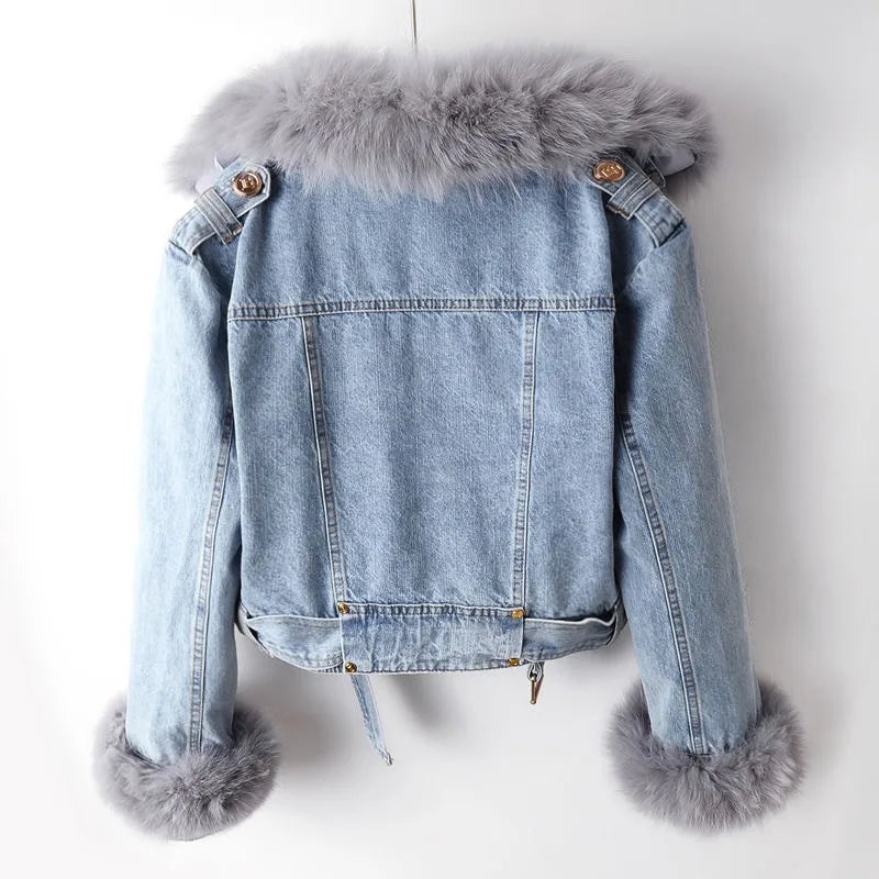 Denim Coat with Fox Fur Collar
